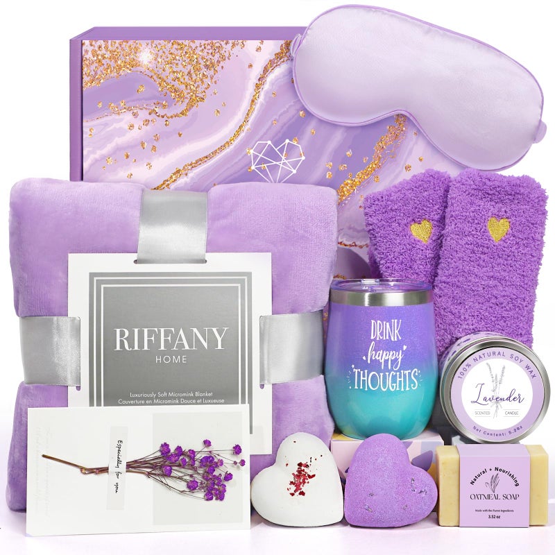 Gifts for Women Unique Birthday Gifts for Women Lavender Relaxing Spa Gifts Basket Get Well Soon Care Package with Luxury Flannel Blanket for Mom Her Best Friends Sister